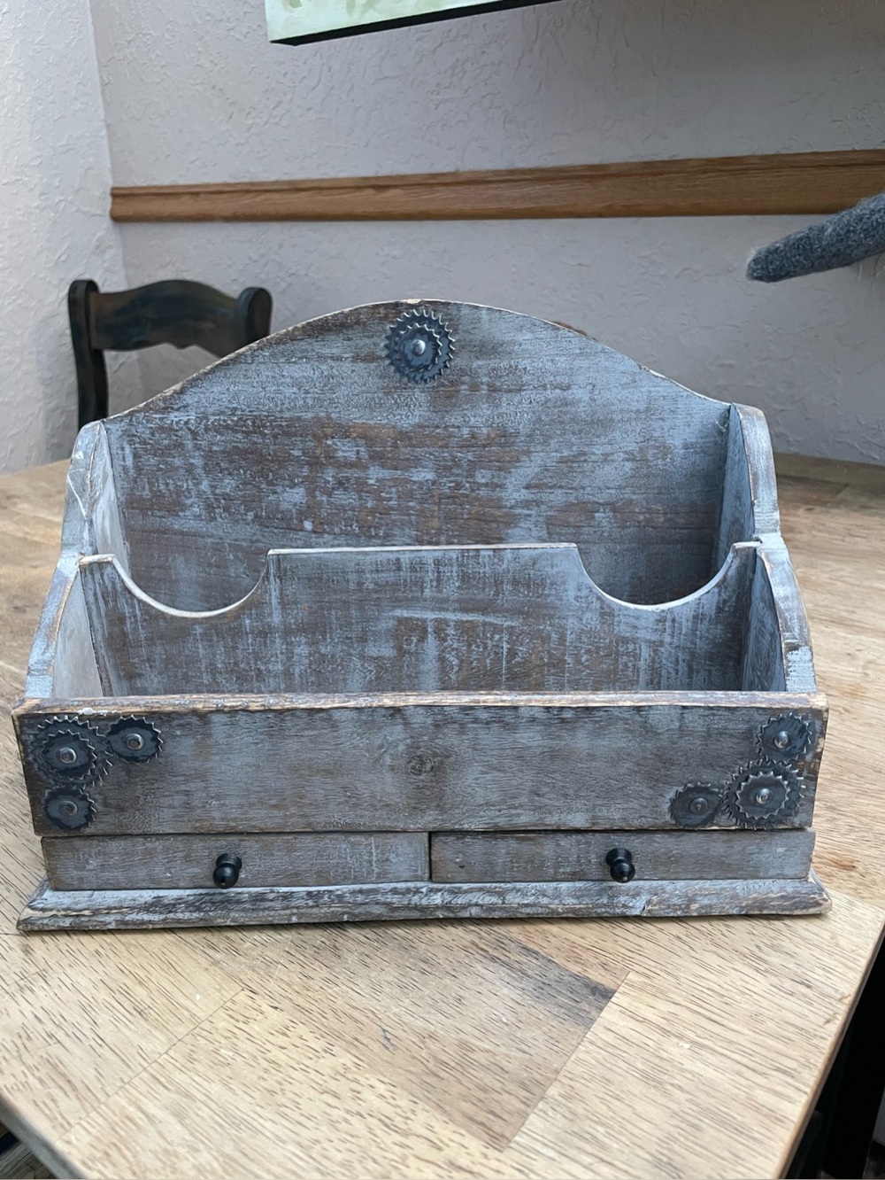 Shabby Chic Wood Desk Organizer Two Drawers Industrial Mechanical Gear Detail